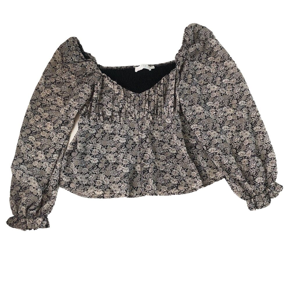 ASTR The Label Black White Floral Smocked Sweetheart Peplum Top Long Sleeve XL